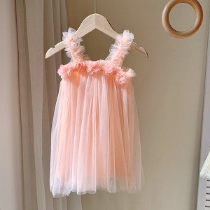 MyKids-USA Summer Baby Kids Girls Sleeveless 3D Flowers Mesh Strap Dress - 1 of 4