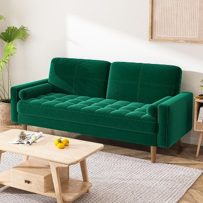 Vipbear 3 Seater Sofa Couch, 68" Velvet Loveseat Sofa with Tufted Seat Cushion and Bolster, Mid Century Modern Couch with Solid Wood Legs, Green/Gray