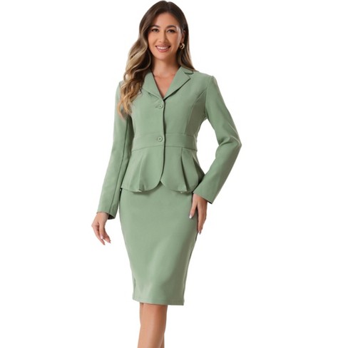 INSPIRE CHIC Women's Business Long Sleeve Notched Lapel Peplum Blazer Pencil Skirt Suit Set 2 Pcs - image 1 of 4