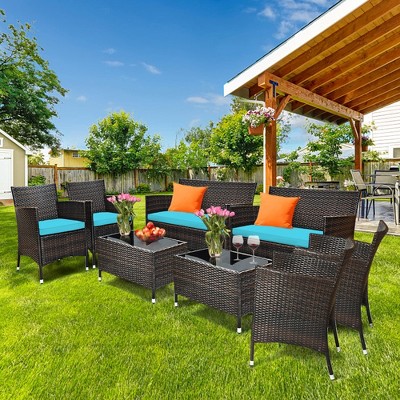 Tangkula 8PCS Patio Rattan Conversation Furniture Set Outdoor w/ Cushion