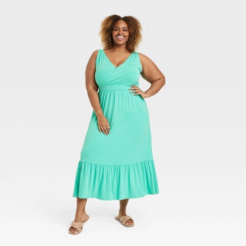 Women's V-neck A-line Maxi Dress - Ava & Viv™ Aqua Green 4x :