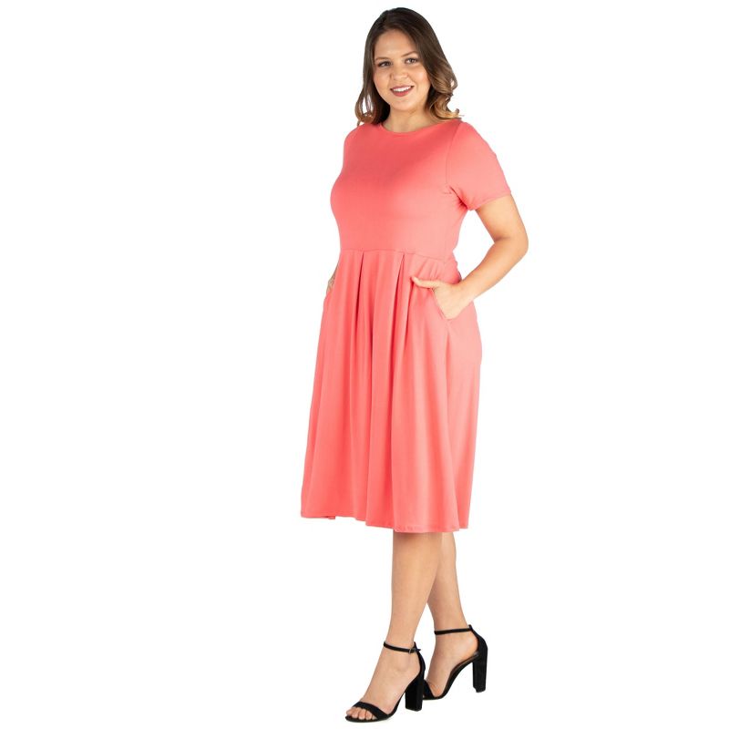 24seven Comfort Apparel Short Sleeve Plus Size  Midi Skater Dress With Pockets, 2 of 5