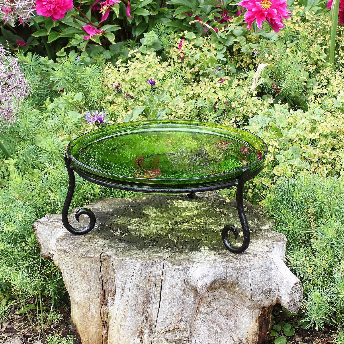 6" Reflective Crackle Glass Birdbath Bowl with Short Stand II Fern Green - Achla Designs: Weather-Resistant, Tabletop Decor - thumbnail 2