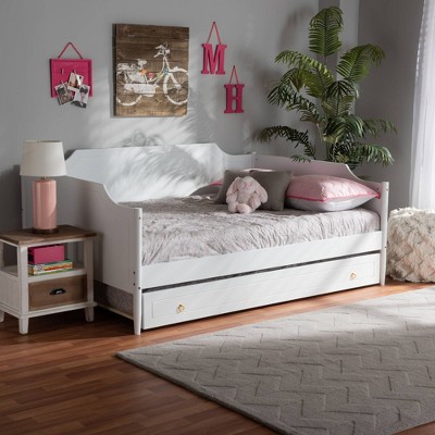 Full White Wood Daybed with Trundle and Tufted Upholstery