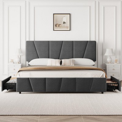 Full Size Upholstered Bed Frame - 4 Storage Drawers, Adjustable Velvet Headboard, Wooden Slats Support