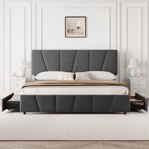 Full Size Upholstered Bed Frame - 4 Storage Drawers, Adjustable Velvet Headboard, Wooden Slats Support - 1 of 4