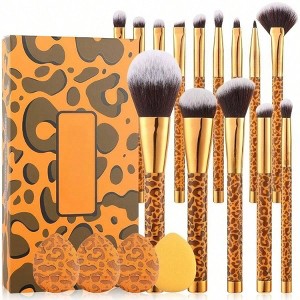 Leopard 14pcs Premium Synthetic Makeup Brush Set with 4 Puffs for Foundation, Powder, Concealer, Eye Shadow, Blush - 1 of 4