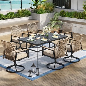Captiva Designs 7pc Patio Dining Slat-top Steel Table & Beige Rattan Chairs with Cushions - 1 of 4