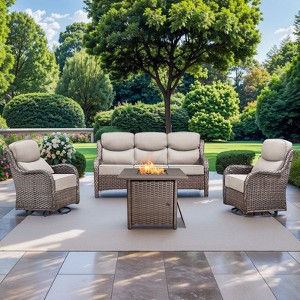 Gymojoy 4 Pieces Outdoor Patio Wicker Sofa Swivel Chair with 6 Inch Cushions and Fire Pit Table - 1 of 4