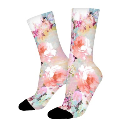 Modern Floral Pink Purple Pastel Women Printed Crew Socks Funny Funky Socks Soft Polyester Novelty Gifts for Artists Men