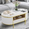 Homhougo Modern Fluted Coffee Table, 48" Modern Oval Coffee Table with Drawer, Faux Marble Top, Curved Profile Center Table with Storage, White - 3 of 4