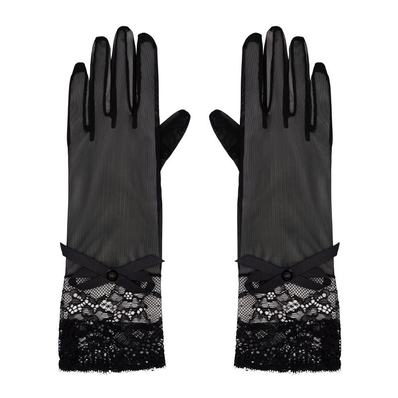 LECHERY Women's Mesh Gloves With Lace Detail & Bow (1 Pair) - One Size, Black, 1 of 7
