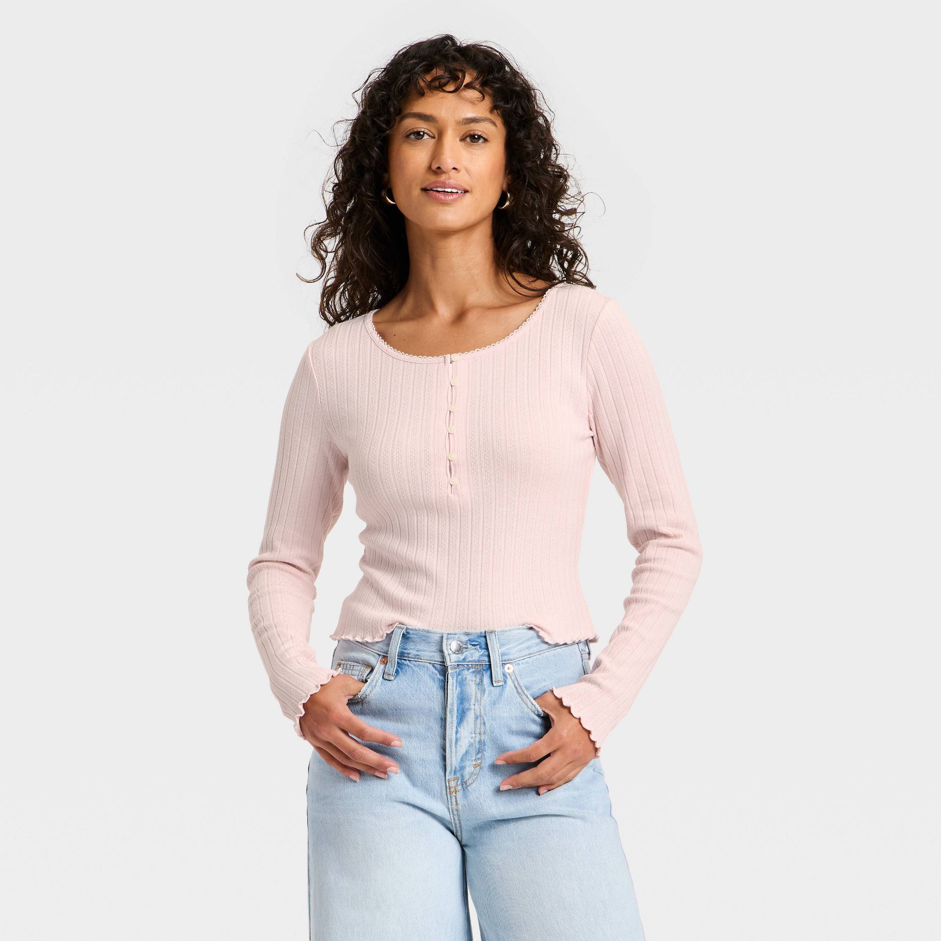 Women's Long Sleeve Pointelle Henley Shirt - Universal Thread™