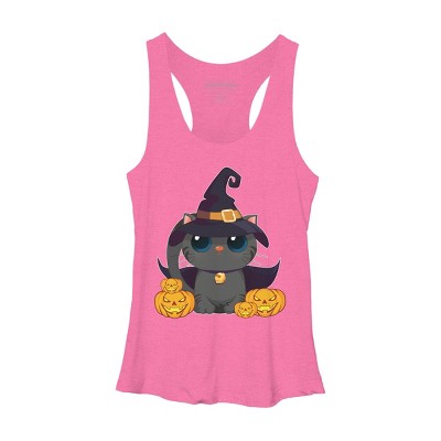 Women's Design By Humans Black Cat With Jack O Lantern Halloween Shirt By thebeardstudio Racerback Tank Top