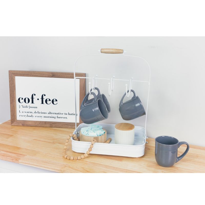 AuldHome Design White Enamelware Coffee Mug Rack; Countertop Style Rustic Distressed Cup Hanging Stand w/ Tray, 4 of 9