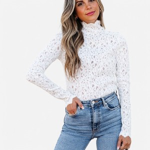 Amaryllis Women's Lace Long Sleeve Mock Neck Top Sheer Floral Knit Elegant Lightweight Layering Blouse - 1 of 4
