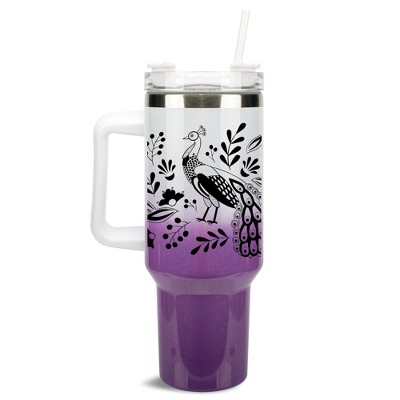Elanze Designs Peacock Bird Flower Garden 40 oz. Stainless Steel, Large Water Bottle Coffee Mug, Spill & Leak Resistant, Thermal Travel Tumbler with