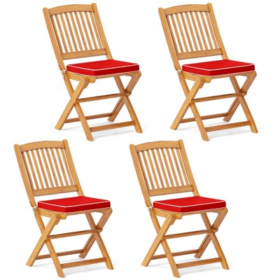 Tangkula Patio Folding Chair Set of 4 Portable Acacia Wood Dining Chairs with High Back & Seat Cushions Beige/Navy/Red