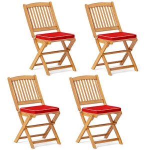 Tangkula Patio Folding Chair Set of 4 Portable Acacia Wood Dining Chairs with High Back & Seat Cushions Beige/Navy/Red - 1 of 4