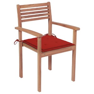 vidaXL Solid Teak Wood Patio Chairs with Red Cushions - Stackable Outdoor Seating for Home, Office, Bar, Cafe - 1 of 4