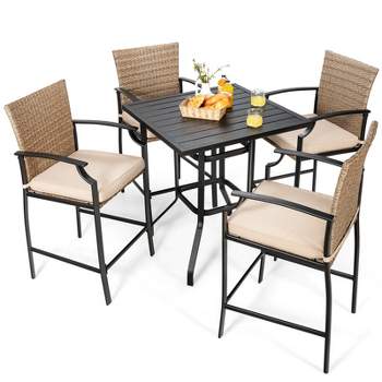 Tangkula 5PCS Patio Rattan Bar Set Wood Heavy-Duty Steel Frame Bistro Set with 4 Bar Stools for Poolside&Garden
