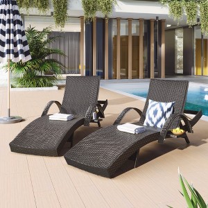 SKRAN Long 80'' Outdoor Patio Wicker Rattan Chaise Lounge Set of 2 with Adjustable Backrest, with Pull-Out Side Table,for Pool,Beach Sunbathing - 1 of 4