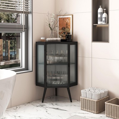 INFURNIC Decorative Storage Cabinets Corner Cabinet with Tempered Glass Door and Shelves for Living Room Bathroom, Black, 22.25"*16.54"*31.5"