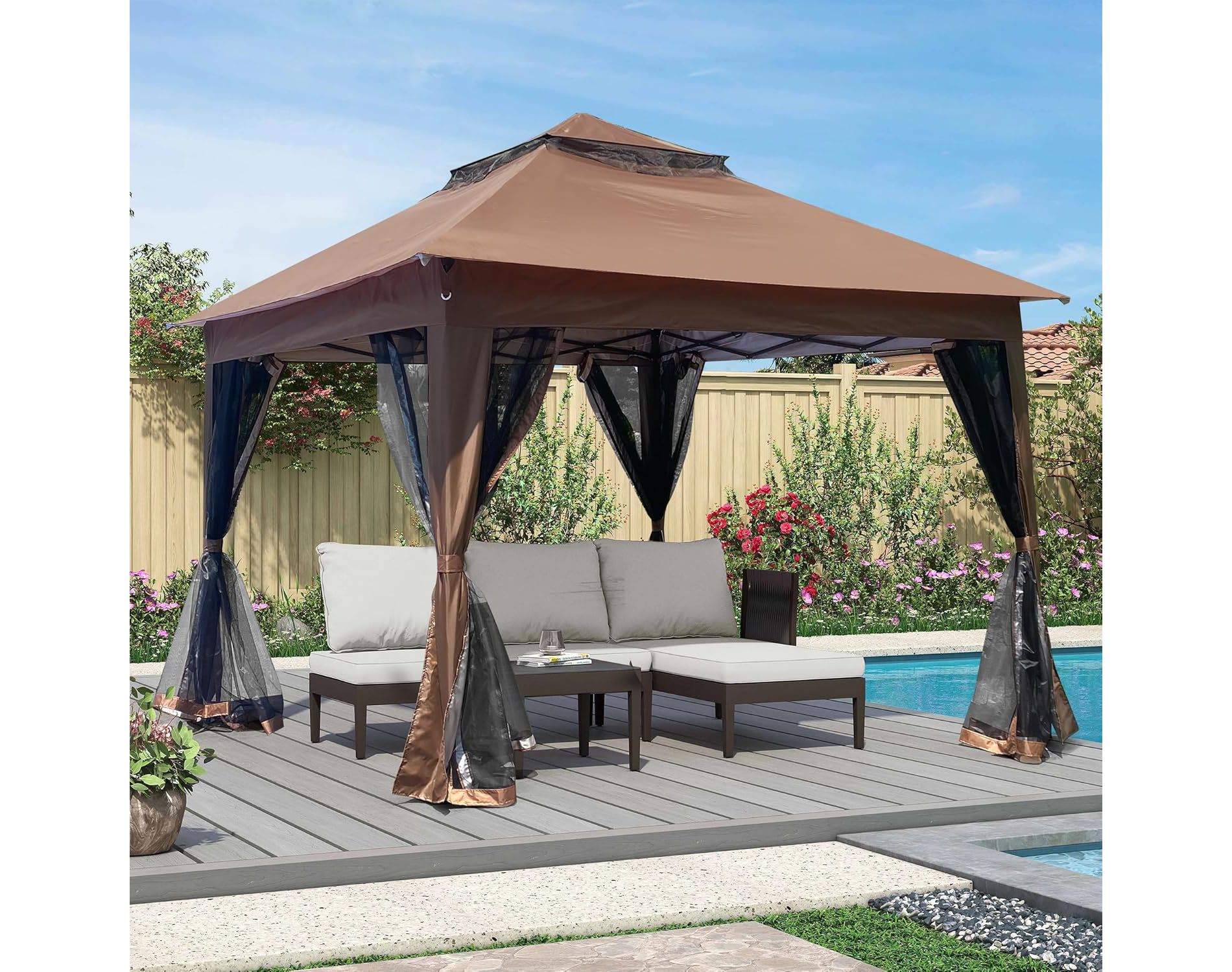11x11 Ft Pop-Up Gazebo Canopy with Detachable Zipper Netting, Two-Tier Soft Top Event Tent,Perfect for Patio, Backyard, Garden, Includes 4 Sandbags