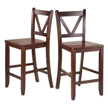 24" Set of 2 Victor V-Back Counter Height Barstool Wood/Walnut - Winsome