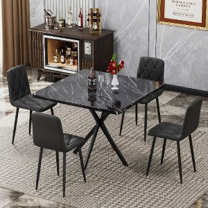 Kumasinova 5-Piece Dining Set for 4 – Faux Marble Square Table with 4 Leather Upholstered Chairs,Modern Kitchen Table Set,Black Table & Black Chairs - 1 of 4