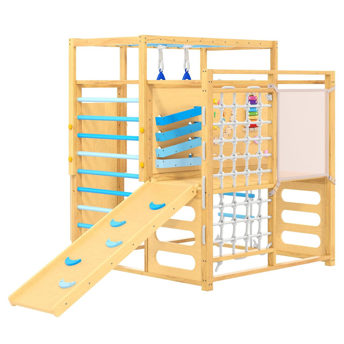 Garvee Pink Natural Wood 9-in-1 Kids Indoor Jungle Gym for Ages 2-8, Play Set with Slide, Monkey Bars, Rope Ladder, Rock Wall