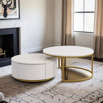 Modern Round Nesting Coffee Table Fluted with Drawer in 31.5'' - Leovsnove