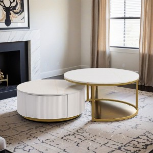 Modern Round Nesting Coffee Table Fluted with Drawer in 31.5'' - Leovsnove - 1 of 4