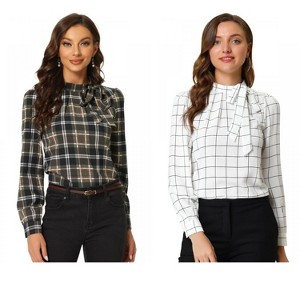 INSPIRE CHIC Women's Bow Tie Neck Keyhole Back Grid Checks Office Work Blouses 2 Packs - 1 of 4