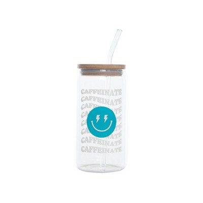 Totalee Gift Caffeinate Glass Cup w/ Lid and Straw Glass Clear 16 oz