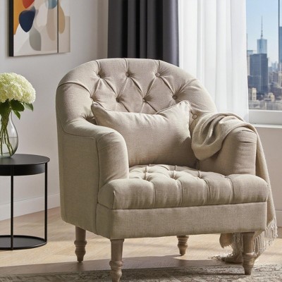 Tufted Accent Chair, Upholstered Armchair Club Chair with Throw Pillow & Weathered Oak Legs, Beige - ModernLuxe