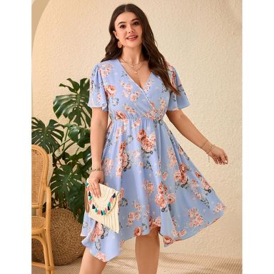 YESFASHION Plus Size Women Wrap V Neck Midi Dress Short Sleeves High Waist  Irregular Hem Casual Summer Dress Blue Pink 5XL : Target