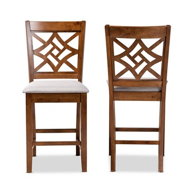 Nicolette Grey Fabric and Walnut Wood Counter Stools, Set of 2