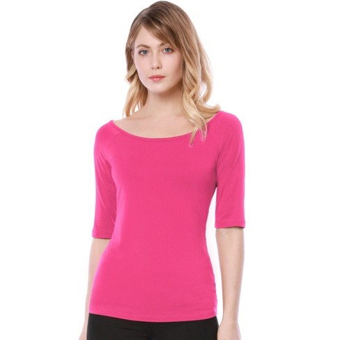 Allegra K Women's Half Sleeves Scoop Neck Fitted Layering Soft T-Shirt Hot  Pink Medium