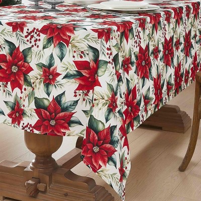 Ivory and Red Poinsettia Polyester Christmas Tablecloth, 60" x 84"