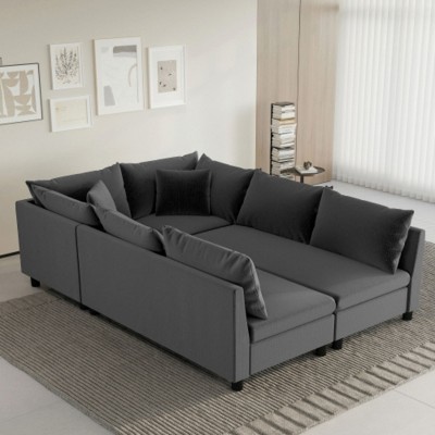 86x60'' Modular Sofa Bed, Chenille with Pillows, 6-Seater, Customizable, Minimalist Living Room Couch