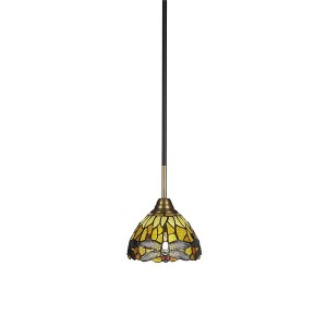 Toltec Lighting Paramount 1 - Light Pendant in  Matte Black/Brass with 7" Amber Dragonfly Art Glass Shade - 1 of 1