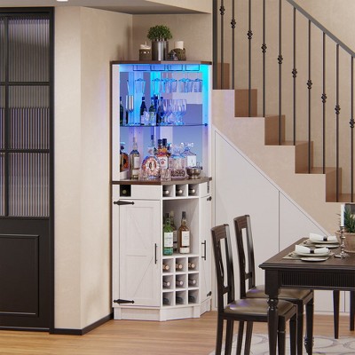 OKD 70.9" H Corner Bar Storage Cabinet, Tall Wine Bar Cabinet w/Barn Door & Adjustable Shelf, Home Bar Cabinet