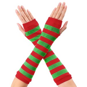 Allegra K Women's Stripe Print Knitted Fingerless Elbow Length Gloves Warmers One Size 1 Pair - 1 of 4