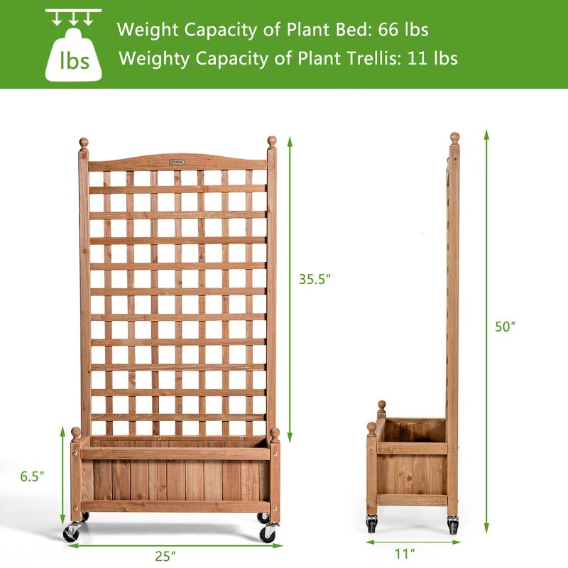 Costway 50in Wood Planter Box  w/Trellis Mobile Raised Bed for Climbing Plant, 3 of 11