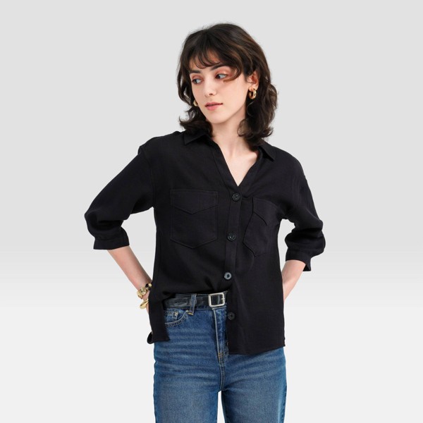 Camisa de vestir con cuello y botones, manga 3/4 para mujer - Universal Thread™ 4