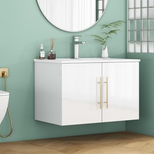 ORRD 30" White Gloss Bathroom Vanity with Ceramic Sink, Double Soft-Close Doors & Gold Handle, Wall-Mounted Cabinet - 1 of 4