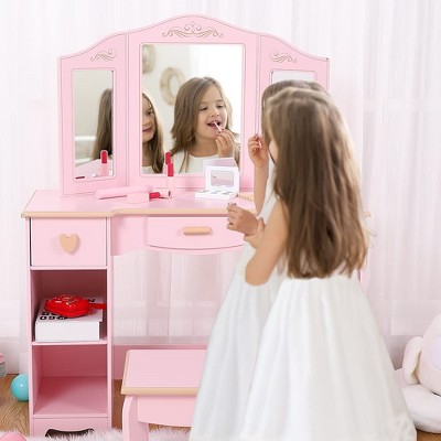 Kids Vanity with Tri-Fold Mirror, Little Girls Vanity Table & Stool, Kids Makeup with Drawer & Open Shelves for 3-9 Yrs Girls