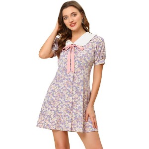 Allegra K Women's Peter Pan Collar Flowy Short Sleeve Ruffle Summer Floral Shirt Dress - 1 of 4
