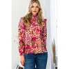 Slickblue Women's Floral Mock Neck Smocked Yoke Blouse, Ruffle Shoulder Long Sleeve Top, Dark Pink, Size S-L - 3 of 4